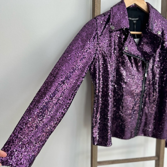 Colleen Lopez Purple Sequin Moto Jacket Size XS Party Mardi Gras Blazer Sparkly - Picture 6 of 8
